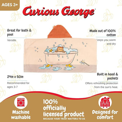 Curious George Monkey Kids Super Soft Bath/Pool/Beach Soft Cotton Terry Hooded Towel Wrap, 24 in x 50 in (100% Officially Licensed Product) By Franco