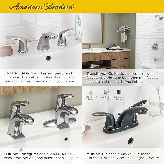 American Standard 7075800.295 Colony Pro 8 in. Widespread 2-Handle Low-Arc Bathroom Faucet with Pop-Up Drain Assembly, 1.2 GPM, Brushed Nickel