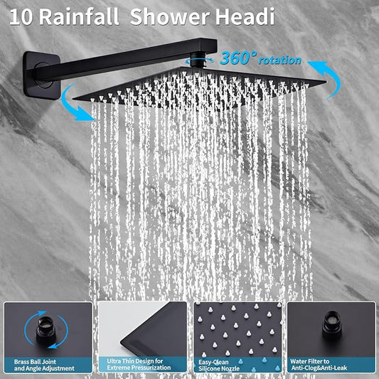 Matte Black Rainfall Shower Head Wall Mounted 10 Inch Shower Heads | Handheld Spray Combo, Luxury Bathroom Square Rain Shower System, Solid Brass Pressure Balancd Shower Faucet Valve