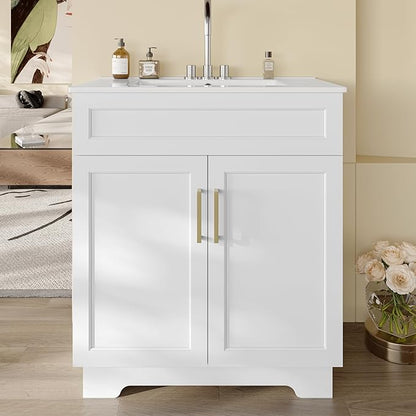 OLD CAPTAIN Bathroom Vanity with Ceramic Sink, 30" Freestanding Quick Assembly Bathroom Vanity Cabinet with Storage, White