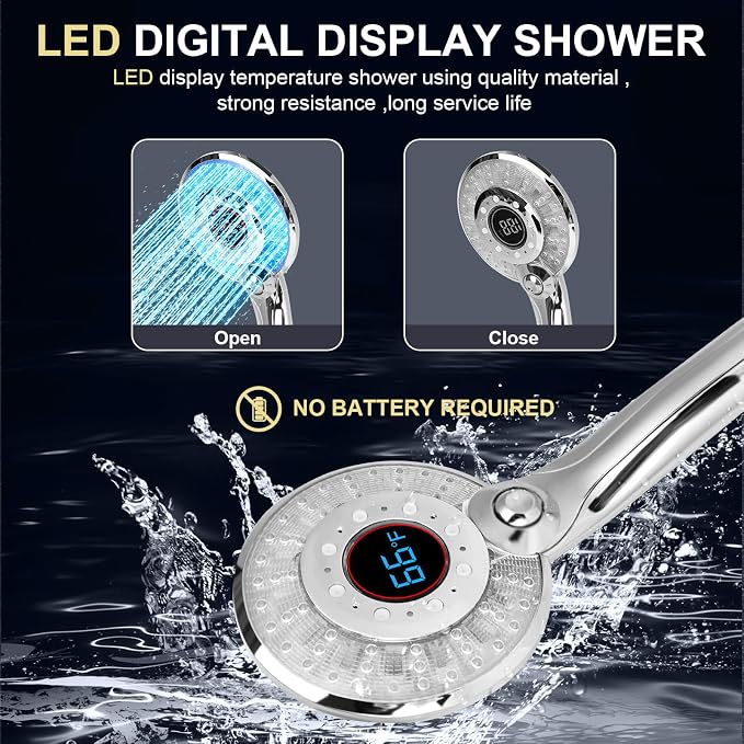LED Shower head with Temperature Display with 59" Stainless Steel Hose | Temperature Display Sensor Light up with 3 Color, Water Saving Showerhead with Shower Adapter