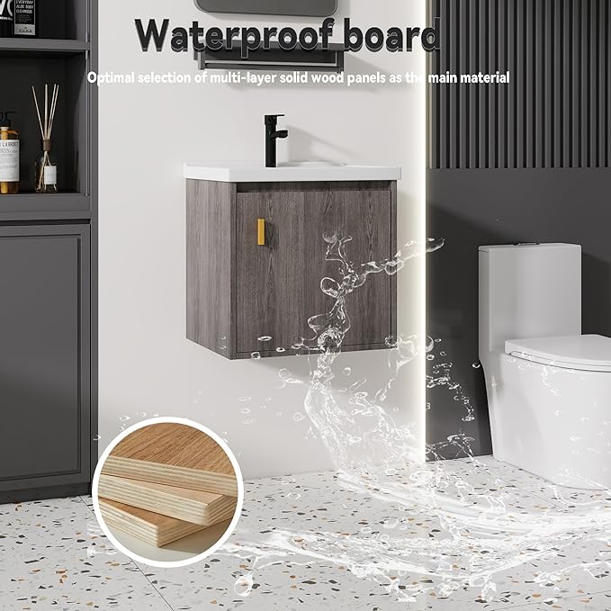 20'' Bathroom Vanity with Ceramic Sink Combo, Wall Mounted Small Bathroom Vanity with Soft-Close Door Modern Floating Cabinet, Pop-up Drain, P-Trap Included, GreyWalnut(No Faucet)
