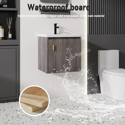 20'' Bathroom Vanity with Ceramic Sink Combo, Wall Mounted Small Bathroom Vanity with Soft-Close Door Modern Floating Cabinet, Pop-up Drain, P-Trap Included, GreyWalnut(No Faucet)