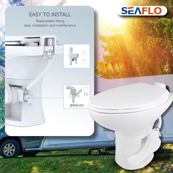 SEAFLO Residential Height Camper/RV Toilet with Elongated Ceramic Bowl, 19” Standard Height, Gravity Flush System, Foot Pedal Operation, Soft Close Seat, 4-Year Warranty