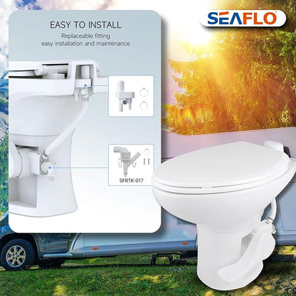 SEAFLO Residential Height Camper/RV Toilet with Elongated Ceramic Bowl, 19” Standard Height, Gravity Flush System, Foot Pedal Operation, Soft Close Seat, 4-Year Warranty