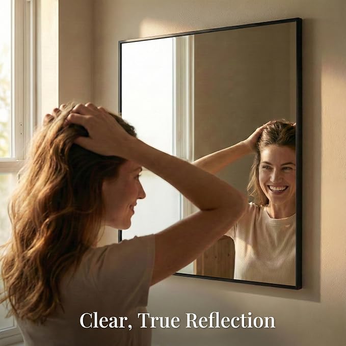36"x36" Matte Black Framed Square Bathroom Vanity Wall Mirror | Accent Wall Mirror, Square Geometric Look, Slim Metal Frame, Living Room or Entryway, Keyhole Mount, Tempered Glass