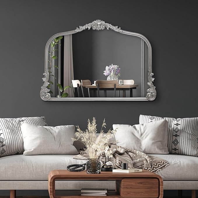 English Estate Carved Arch Wood Wall Mirror, Mirror for Entryway, Living Room, Bathroom, Antique Silver, 26x37