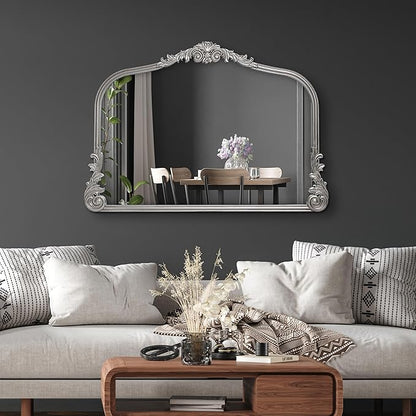 English Estate Carved Arch Wood Wall Mirror, Mirror for Entryway, Living Room, Bathroom, Antique Silver, 26x37
