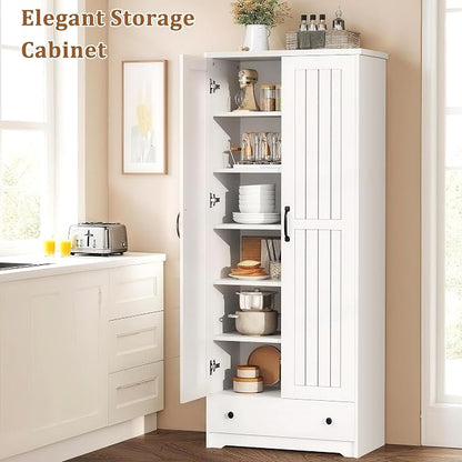 Decofy 70" Tall Storage Cabinet, Large Wood Storage Pantry Cabinets with 6 Adjustable Shelves, 2 Doors & 1 Drawer, Standing Utility Storage Cabinets for Kitchen, Bathroom, Dining Room (Soft White)