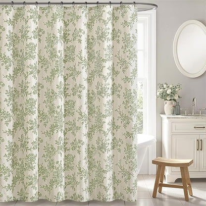Spring Extra Long Linen Green Floral Shower Curtain W72*L96 Inches | Linen Textured Fabric, 12 Rustproof Metal Hooks, Wrinkle Resistant Cloth, Machine Washable, Bathroom Decor for Cottage Core