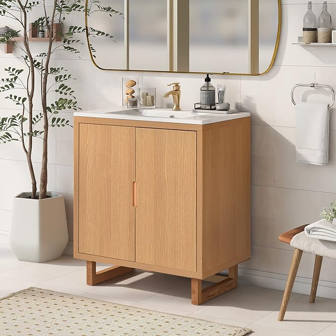 Favfurish 30" Bathroom Vanity with Resin Sink,Undermount Single Basin Bath Vanity Set w/2 Soft Closing Doors,Transitional Freestanding Storage Cabinet,Solid Wood Frame,Burly Wood