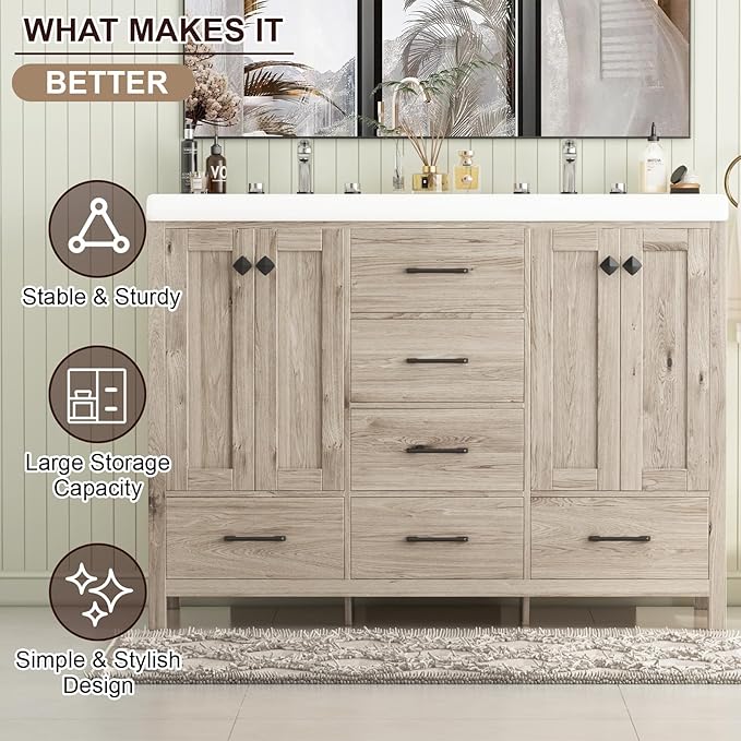 48" Bathroom Vanity with Sink Combo, Modern Bathroom Storage Cabinet with Double Sink Ceramic, 4 Doors and 5 Drawers, Space-Saving Storage Cabinet, Light Gray Wood