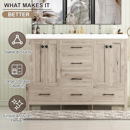 48" Bathroom Vanity with Sink Combo, Modern Bathroom Storage Cabinet with Double Sink Ceramic, 4 Doors and 5 Drawers, Space-Saving Storage Cabinet, Light Gray Wood