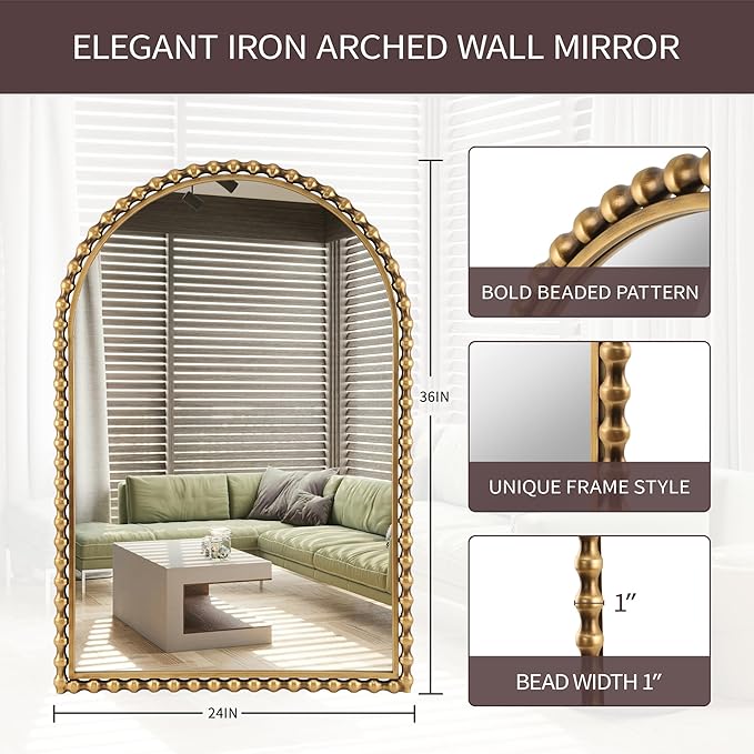 24"x36" Antique Gold Arched Bathroom Mirror, Bold Beaded Frame | Vintage decorative wall mirror for vanity, powder room, entryway, living room, bedroom, and hallway, vertical hanging