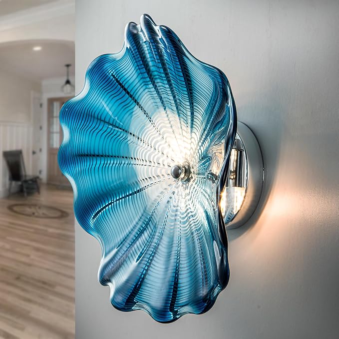 Blue Glass Wall Light Dia 12" Wall Lamp with Murano Glass Shade Vintage Vanity Lighting Fixture with Metal Base Flush Mount Wall Sconce 2-Light for Bathroom, Bedroom, Bedside, Entryway
