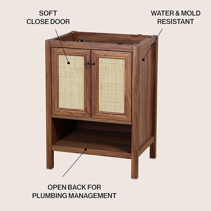 JONATHAN Y VAN1023B Jasper 24 in. W x 18 in. D x 33 in. H Rattan Modern Coastal 2-Shelf Bathroom Vanity Cabinet Only with Soft Closing Doors (Sink Basin Not Included), Walnut