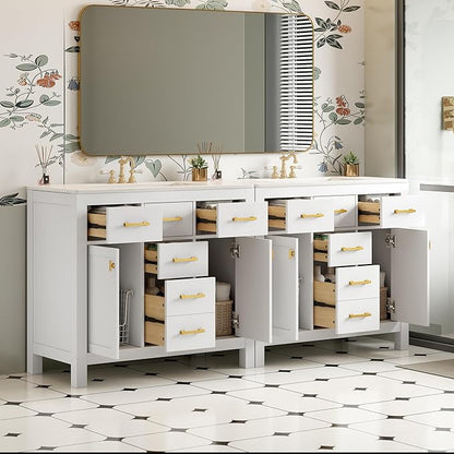 72 Inch White Bathroom Vanity with Double Sink,Modern Double Sink Vanity with 8 Drawers & 4 Cabinets,Soft Closing Doors with Gold Handles,Solid Wood Frame,Grid Front(2 * 36 Inch)