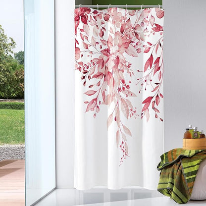 Pink Eucalyptus Shower Curtain, Watercolor Floral Print, 36x72 | Watercolor Plant Leaves Floral Print, Waterproof Fabric Bathroom Decor, Machine Washable, Rustproof Grommets