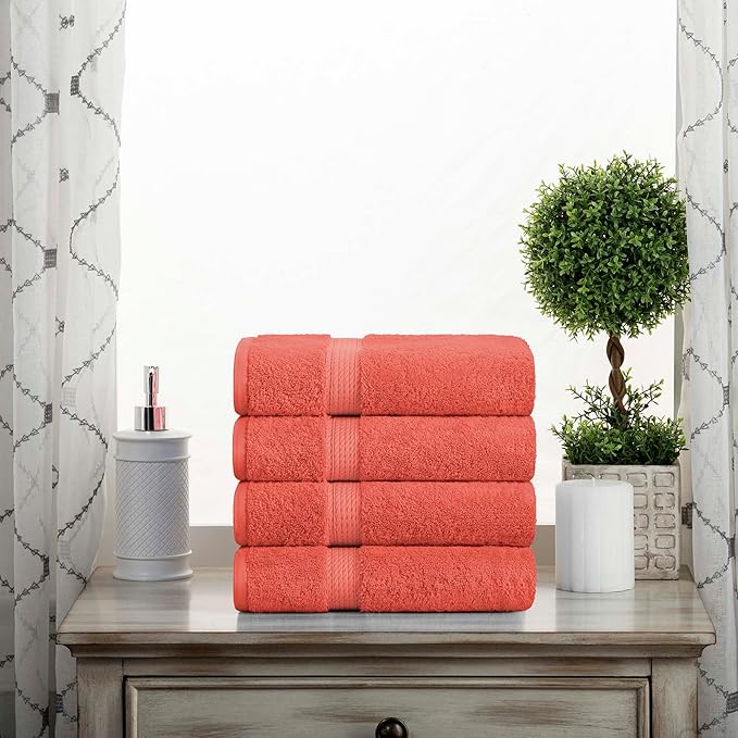 SUPERIOR Egyptian Cotton Plush & Absorbent, Hand Towel Set of 4, Coral | Quick Dry, Soft Luxury Towel Set, Bath Essentials for Bathroom, Guest Bath, Spa, 4 Piece Set, Madeline Towels