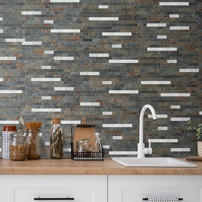 AULIGET 2 Sheets Rust Slate Peel and Stick Backsplash, PVC Mixed Metal Silver Wall Tile Stick on Backsplash for Kitchen and Bathroom