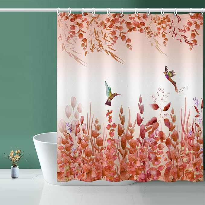 Kingfisher Autumn Red Shower Curtain - 72"W x 72"L with 12 Hooks, Weighted Hem, Waterproof, Red Leaf Pattern