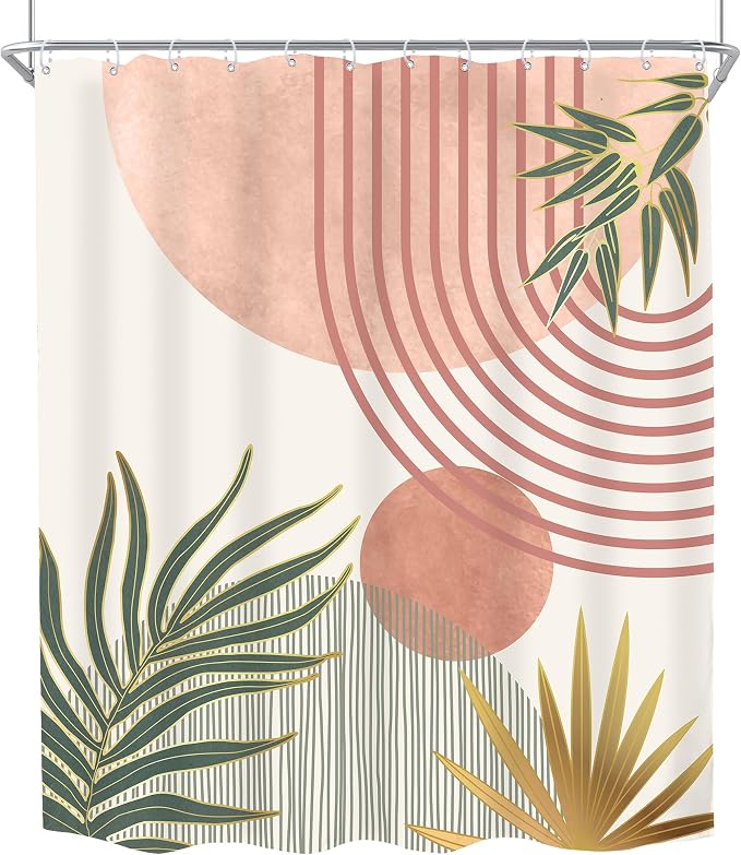 Mid Century Pink Green Boho Abstract Modern Bathroom Shower Curtain Set | 60Wx72L Orange design, waterproof HD print with fast-drying fabric and 12 hooks.