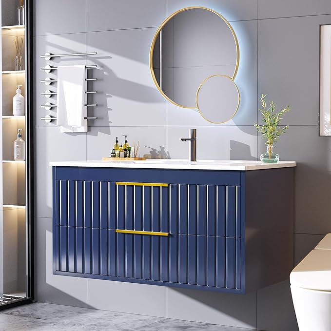 36" Bathroom Vanity with Sink, Floating Vanity Bathroom Sink Cabinet Wall Mount, Soft-Close Function 2 Large Drawers, Grooved Stripe Design, Hidden Damping Drawers, Blue
