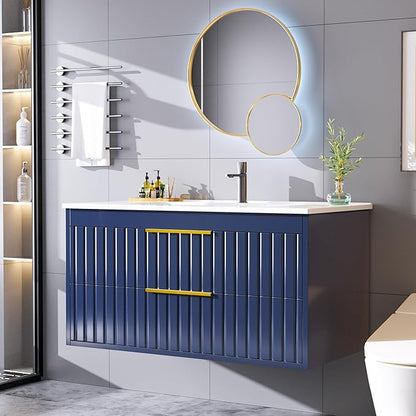 36" Bathroom Vanity with Sink, Floating Vanity Bathroom Sink Cabinet Wall Mount, Soft-Close Function 2 Large Drawers, Grooved Stripe Design, Hidden Damping Drawers, Blue