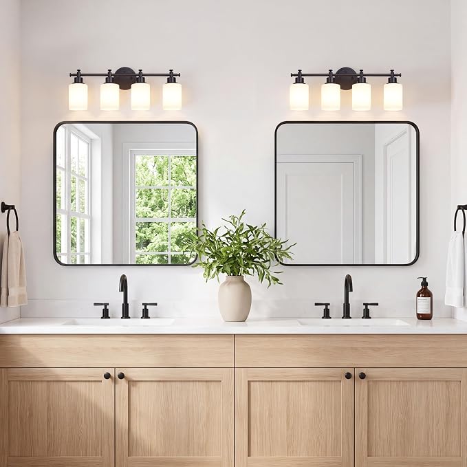 4 Light Bathroom Vanity Light Fixture Over Mirror, Black, 23'' | Vanity Lights for Bathroom, Bedroom, Living Room, White Frosted Glass Shades, Modern, E26(Bulbs Not Included)