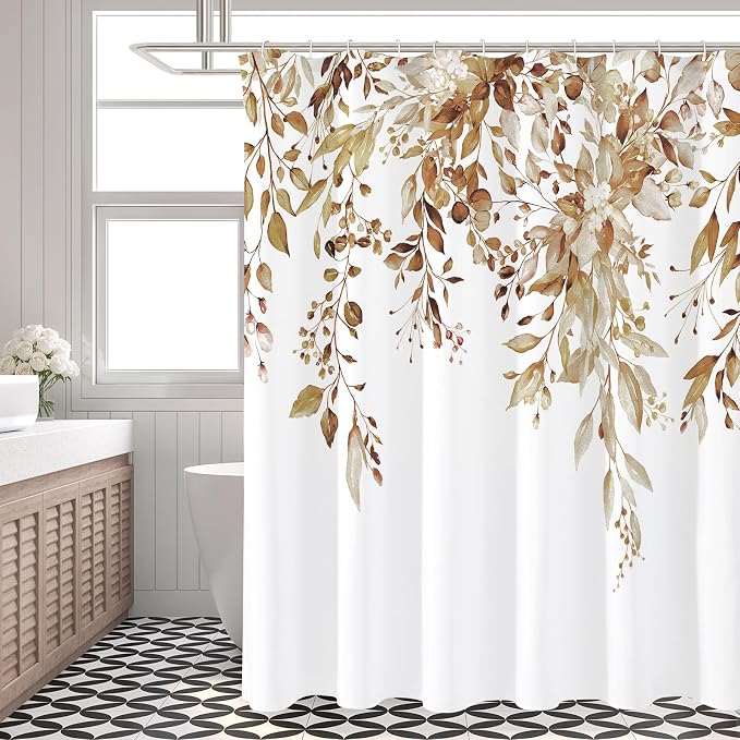 Brown Eucalyptus Shower Curtain, Watercolor Floral Print, 72x84 | Watercolor Plant Leaves Floral Print, Extra Long Waterproof Fabric Bathroom Decor, Machine Washable, Rustproof Grommets
