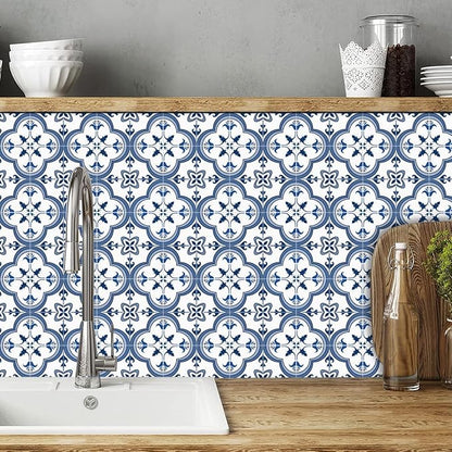 Vinyl Peel and Stick wall Tile Decals 6x6in Stick on backsplash,12Pc | Waterproof&heat resistant tile stickers for kitchen RV laundry backsplash decor,remove no damaging wall,blue white design