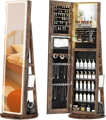 Mirror Jewelry Cabinet Standing, Jewelry Armoire | with Full-Length LED Mirror and Adjustable Lights, 360° Swivel Jewelry Organizer Storage