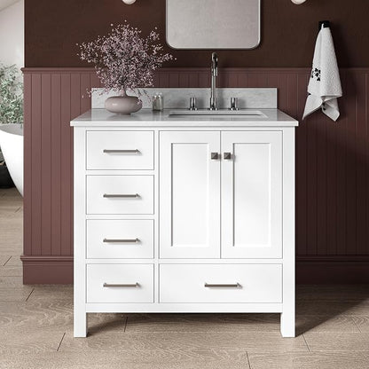 ARIEL Cambridge 36-inch Bathroom Vanity with Sink,Solid Wood, 0.75-inch Italian Carrara Marble Countertop, Single Rectangular Porcelain Sink, 2 Soft Closing Doors, 5 Dovetail Drawers, White