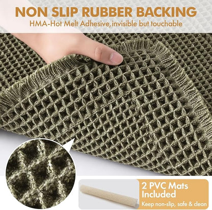 MIULEE Set of 2 Waffle Bathroom Runner Rugs Green 2'x6'(24"x72") | Non Slip, Super Absorbent, Washable, Ultra Soft, Boho Bath Mats for Bathroom Hallway Bedroom Laundry Room Kitchen