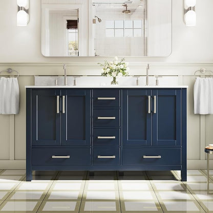 60-Inch Bathroom Vanity with Sink, 4 Soft-Close Doors and 6 Soft-Close Drawers, Bathroom Freestanding Vanity with Cultured Marble Countertop, Navy Blue Vanity with Brushed Nickel Handles