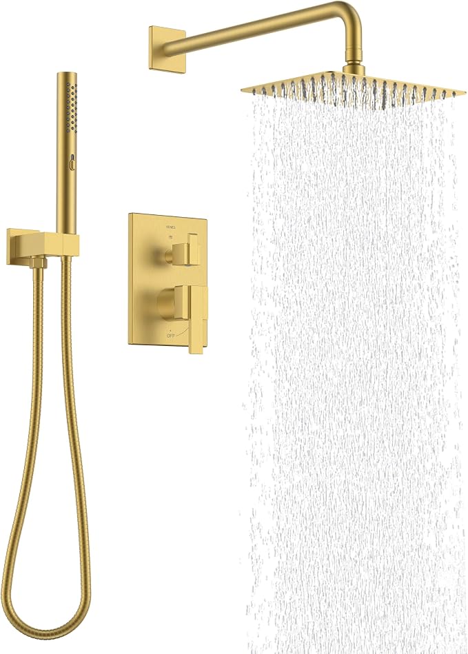 KENES Brushed Gold Square Rainfall Shower System Faucet Set with Handheld | Shower Faucet with 10-Inch Rain Shower Head, Square Shower System, Valve Included, Lead-Free cUPC & NSF Certified, Stainless