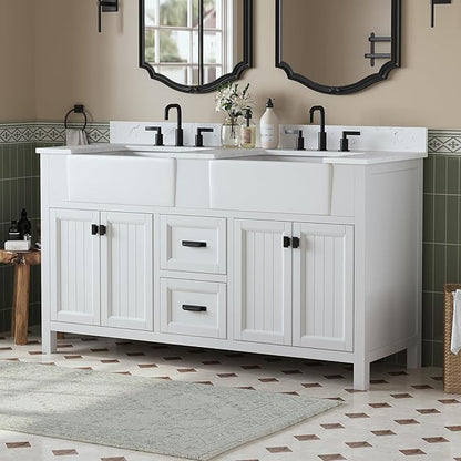 60 Inch Bathroom Vanity with Double Sink, Farmhouse Bathroom Sink Cabinet with Soft Closing Doors & Drawers, Solid Wooden Frame Double Sink Bathroom Vanity, Adjustable Feet, White
