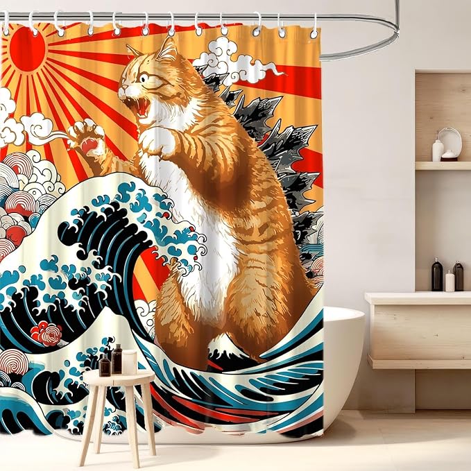 Funny Japanese Cat Shower Curtain, Vintage Orange Cat Japan Anime Ocean Wave Waterproof Shower Curtain with Hooks, Funky Animal Sun Fabric Shower Curtains Kids Bathroom Decor 60X72inches