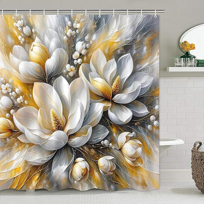 4-Piece Magnolia Flowers Shower Curtain Set Dreamy Beauty Bathroom Set with Shower Curtain and Rugs, Gold White and Gray Bath Curtain with Hooks for Home Decor