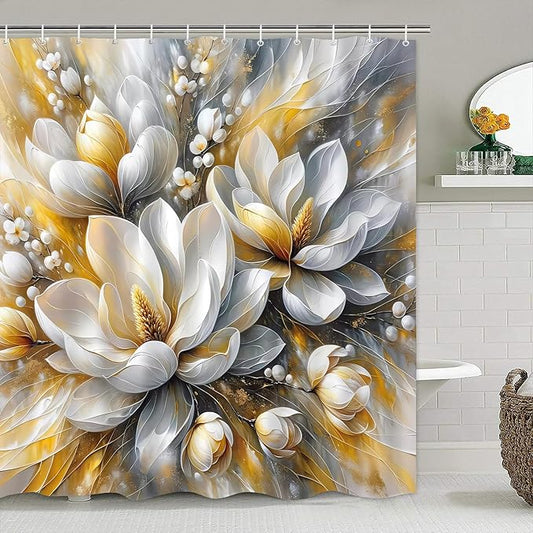 4-Piece Magnolia Flowers Shower Curtain Set Dreamy Beauty Bathroom Set with Shower Curtain and Rugs, Gold White and Gray Bath Curtain with Hooks for Home Decor