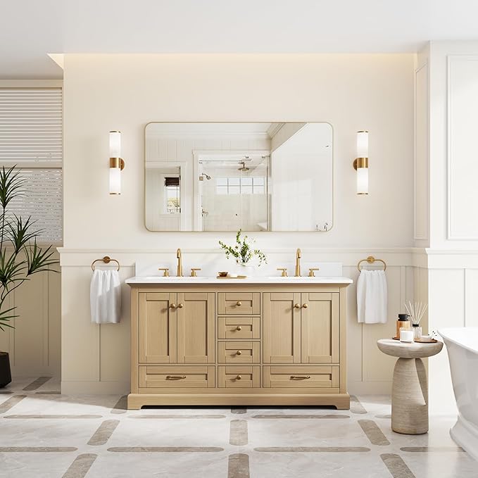 WELLFOR 60" Bathroom Vanity with Double Sinks, Bathroom Freestanding Vanity W/4 Soft-Close Doors and 6 Drawers, Large Storage Space Vanity, Bathroom Vanity with Cultured Marble Countertop (Oak)