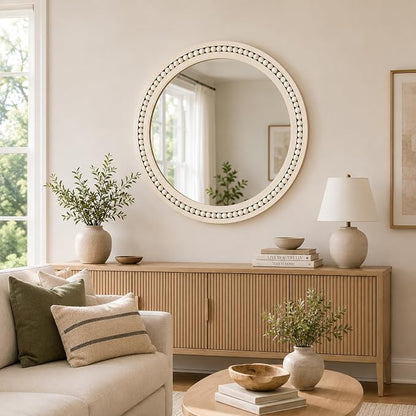 Saliwa 24 Inch Round Bathroom Mirror, White Wood Framed Wall Mirror, Rustic Farmhouse Round Mirror for Vanity, Entryway, Living Room, Bedroom and Hallway
