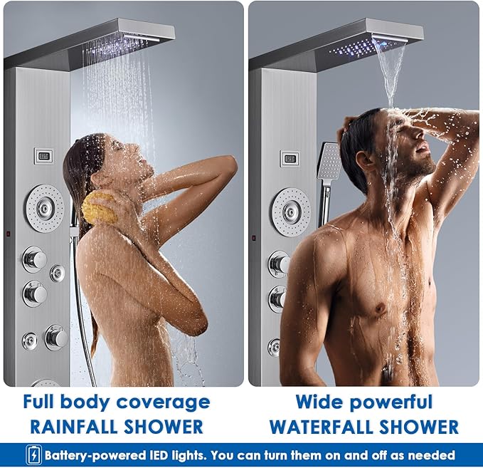 ROVOGO Shower Panel with Rainfall, Waterfall Shower Head, 2-Type Body Jets, Handheld and Tub Spout, Shower Tower System with Led Lights and Temperature Display, 304 Stainless Steel Brushed