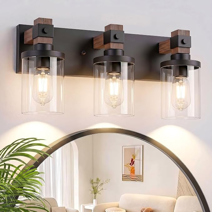 Farmhouse Bathroom Vanity Light Fixture, 3 Light Black Wood Over Mirror | Matte Black Metal & Wood with Clear Glass Shade, 3 Ligh Vanity Light Fixture Over Mirror for Farmhouse Industrial Bathroom