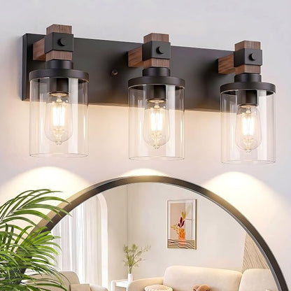 Farmhouse Bathroom Vanity Light Fixture, 3 Light Black Wood Over Mirror | Matte Black Metal & Wood with Clear Glass Shade, 3 Ligh Vanity Light Fixture Over Mirror for Farmhouse Industrial Bathroom