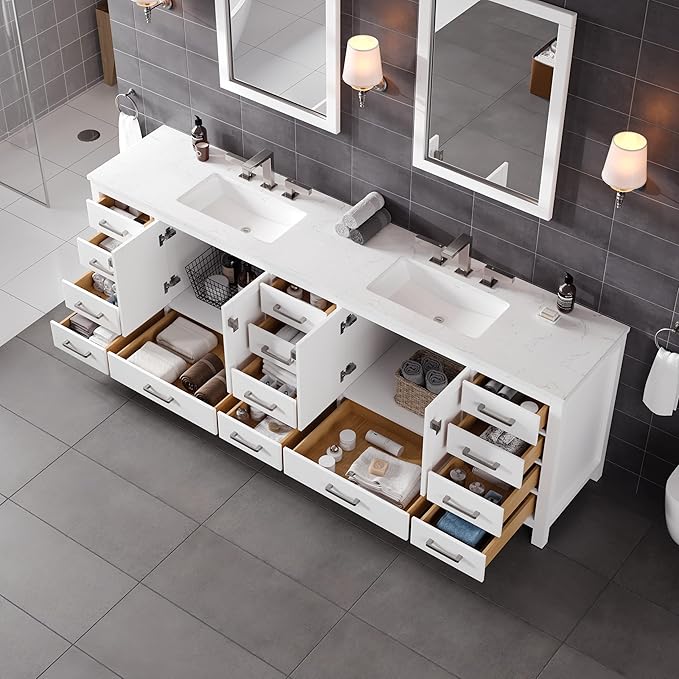 Eviva Aberdeen 96 in. White Double Sink Bath Vanity with Carrara Quartz Top and Undermount Porcelain Sinks
