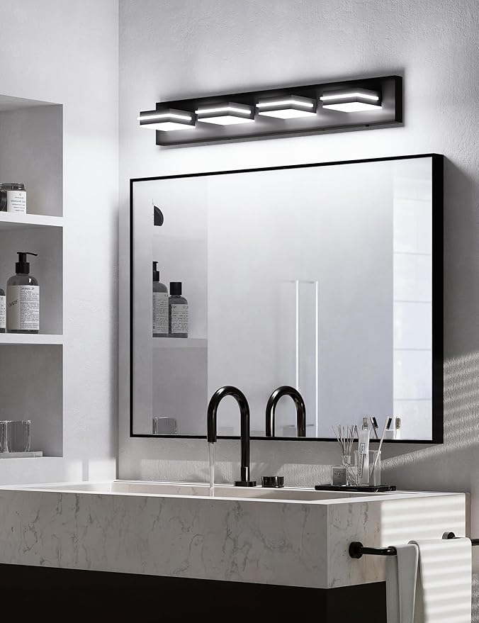 VOLISUN Modern 30-Inch Black Bathroom Vanity Light Fixtures, 4-Light, Cool White LED, Wall Mount, Touch Control