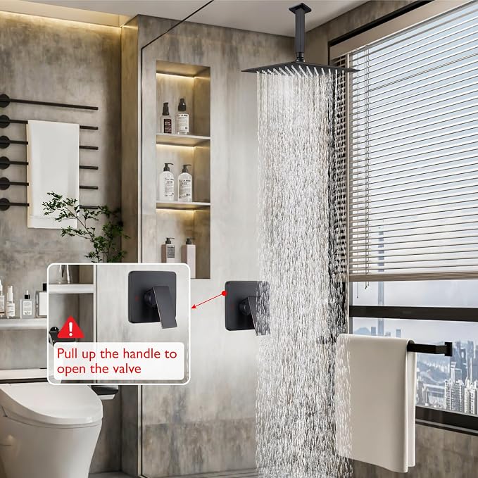 Heyalan10 Inch Ceiling Mount Shower Faucet Set with Valve,Oil Rubbed Bronze | Rainfall shower head, ceiling-mount design, SUS304 steel, adjustable angle, single-handle control