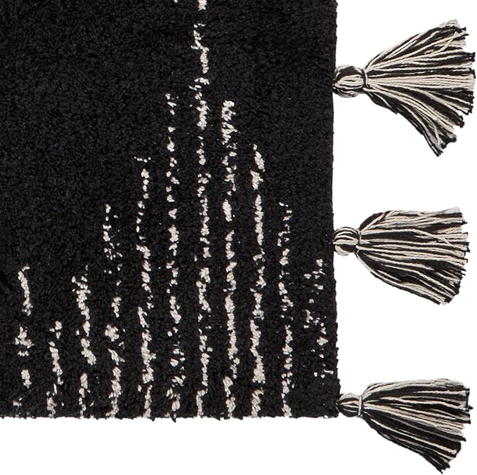 SKL Home Geo Diamond Bath Rug with Tassels, Anti-Slip, 20" x 30", Black | 100% Cotton with Latex backing. Plush & absorbent. Modern boho design works in the bathroom, kitchen or any space.