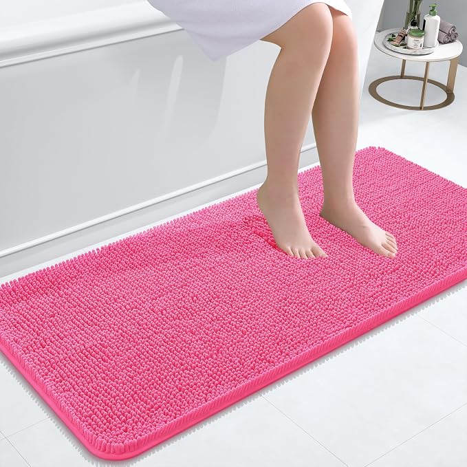 OLANLY Bathroom Runner Rugs 47x20, Extra Soft Absorbent Chenille Bath Rugs | Hot Pink, Quick-Drying Rubber Backing, Washable Long Bath Mat for Bathroom Floor, Tub and Shower, Home Decor Accessories